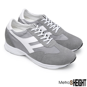 [80071D] รองเท้าผ้าใบเสริมส้น เพิ่มความสูง 8 cm. Grey Leather Ware Trainers