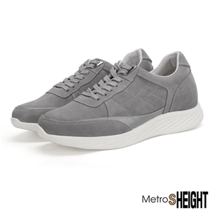 [700301D] รองเท้าผ้าใบเสริมส้น เพิ่มความสูง 7 cm. Grey Leather Pullman Trainers